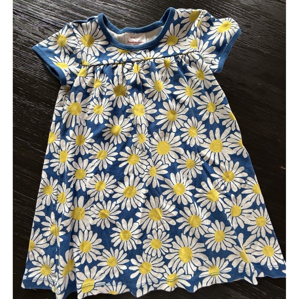 Hanna Andersson Cotton White Blue Yellow Daisy Floral Short Sleeve Dress Sz 4